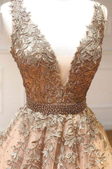 Bridesmaids Dresses Orange, Champagne v neck tulle lace beads long prom dress tulle formal dress