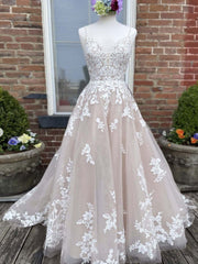 Bridesmaids Dress With Lace, Champagne v neck tulle lace long prom dress lace tulle formal dress