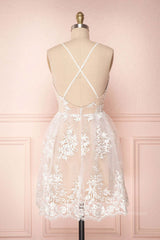 Short Formal Dress, Champagne v neck tulle lace short prom dress champagne tulle bridesmaid dress