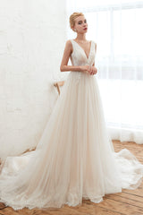 Wedding Dress Near Me, Champange Princess V-neck Lace Tulle Soft Pleats Wedding Dresses with Appliques