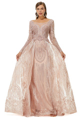 Bridesmaid Dresses Pinks, Champange Sparkle Beaded Long Sleeves Prom Dresses