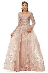 Bridesmaid Dress Pink, Champange Sparkle Beaded Long Sleeves Prom Dresses