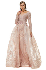 Bridesmaids Dress Pink, Champange Sparkle Beaded Long Sleeves Prom Dresses