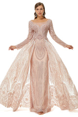 Bridesmaids Dresses Pink, Champange Sparkle Beaded Long Sleeves Prom Dresses