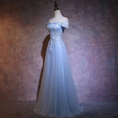 Prom Dresses Green, Charming Blue Elegant Tulle Party Dress with Lace Applique, Long Prom Dress