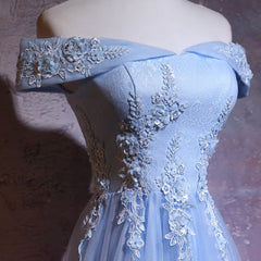 Prom Dress 2024, Charming Blue Elegant Tulle Party Dress with Lace Applique, Long Prom Dress