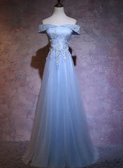 Prom Dressed A Line, Charming Blue Elegant Tulle Party Dress with Lace Applique, Long Prom Dress