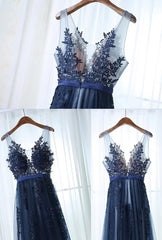 Prom Dress Open Back, Charming Blue Lace Applique Prom Dress, A-line Blue Bridesmaid Dress