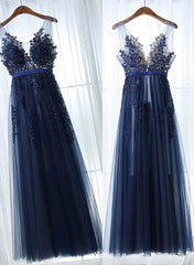 Prom Dress Curvy, Charming Blue Lace Applique Prom Dress, A-line Blue Bridesmaid Dress