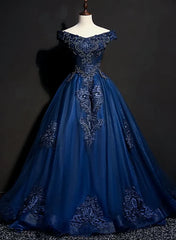 Prom Dresses Open Backs, Charming Blue Off the Shoulder Long Sweet 16 Dress, Handmade Party Gown