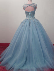 Prom Dress Long Mermaid, Charming Blue Tulle Long Ball Gown Sweet 16 Dress with Lace, Formal Gown