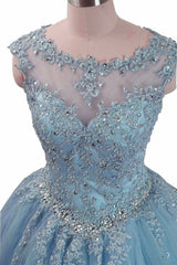 Prom Dresses Long Mermaide, Charming Blue Tulle Long Ball Gown Sweet 16 Dress with Lace, Formal Gown