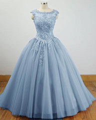 Prom Dresses Long With Sleeves, Charming Blue Tulle Long Ball Gown Sweet 16 Dress with Lace, Formal Gown