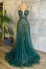 Bridesmaid Dresses Style, Charming Dark Green Tulle Long Evening Dress Sweetheart Sleeveless Formal Prom Dress