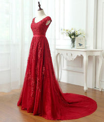 Prom Dresses With Shorts Underneath, Charming Dark Red Lace A-line Long Prom Dress, Red Evening Gown