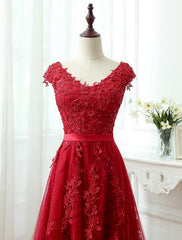 Prom Dresses 2021 Red, Charming Dark Red Lace A-line Long Prom Dress, Red Evening Gown
