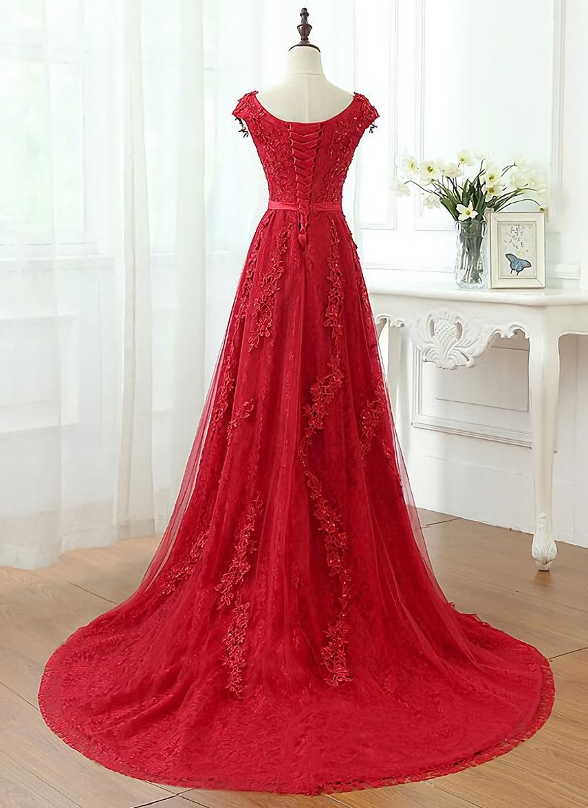 Prom Dress Tight Fitting, Charming Dark Red Lace A-line Long Prom Dress, Red Evening Gown