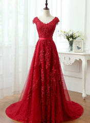 Prom Dresses 2022 Black, Charming Dark Red Lace A-line Long Prom Dress, Red Evening Gown