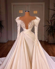 Wedding Dress Princess, Charming Long A-line Cathedral V-neck Satin Lace Wedding Dresses With Sleeves