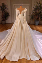 Wedding Dresses Bride, Charming Long A-line Cathedral V-neck Satin Lace Wedding Dresses With Sleeves