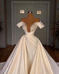 Wedding Dress Designer, Charming Long A-line Off-the-shoulder Cathedral V-neck Satin Lace Wedding Dress