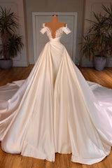 Wedding Dress On A Budget, Charming Long A-line Off-the-shoulder Cathedral V-neck Satin Lace Wedding Dress