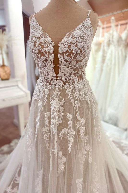 Wedding Dresses Short Bride, Charming Long A-Line Spaghetti Straps Appliques Lace Tulle Backless Wedding Dress
