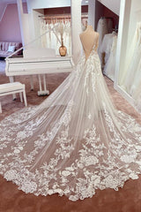 Wedding Dress Short Bride, Charming Long A-Line Spaghetti Straps Appliques Lace Tulle Backless Wedding Dress