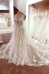 Wedding Dress Under 203, Charming Long A-Line Spaghetti Straps Appliques Lace Tulle Backless Wedding Dress