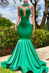 Bridesmaids Dress Colors, Charming Long Mermaid Halter Stretch Satin Lace Backless Prom Dress