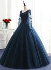 Prom Dress 2021, Charming Long Sleeves Navy Blue Tulle Party Gown, Navy Blue Prom Dress