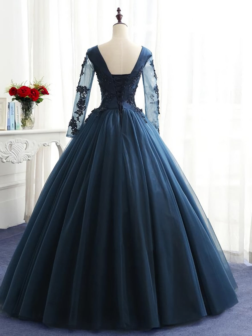 Prom Dresses 2021, Charming Long Sleeves Navy Blue Tulle Party Gown, Navy Blue Prom Dress