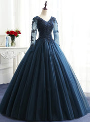 Prom Dresses Colors, Charming Long Sleeves Navy Blue Tulle Party Gown, Navy Blue Prom Dress