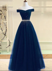 Bridesmaide Dresses Long, Charming Navy Blue Off Shoulder Floor Length Beaded Party Dress, Party Dress