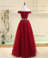Bridesmaid Dresses In Store, Charming Off Shoulder Tulle Beaded Prom Gown, Wine Red Long Junior Prom Dress
