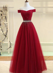 Bridesmaid Dresses Custom, Charming Off Shoulder Tulle Beaded Prom Gown, Wine Red Long Junior Prom Dress