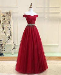 Bridesmaid Dresses Burgundy, Charming Off Shoulder Tulle Beaded Prom Gown, Wine Red Long Junior Prom Dress