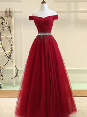 Bridesmaid Dress Website, Charming Off Shoulder Tulle Beaded Prom Gown, Wine Red Long Junior Prom Dress