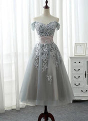 Prom Dresses Green Emerald, Charming Off-the-shoulder Homecoming Dress, Short A-line Tulle Gray Party Dress