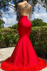 Bridesmaid Dresses Mismatched, Charming Red Long Mermaid Tassel One Shoulder Satin Backless Prom Dress