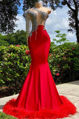 Bridesmaid Dress Color Scheme, Charming Red Long Mermaid Tassel One Shoulder Satin Backless Prom Dress