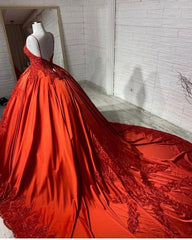 Wedding Dresses Spring, Charming Spaghetti Straps V Neck Aline Wedding Dress Orange Floral Appliques