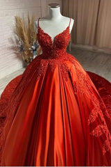 Wedding Dress Spring, Charming Spaghetti Straps V Neck Aline Wedding Dress Orange Floral Appliques