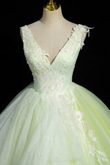 Bridesmaid Dressese Lavender, Charming Tulle Lace Green Prom Dresses, V-Neck Sleeveless Floor-Length Formal Evening Dresses