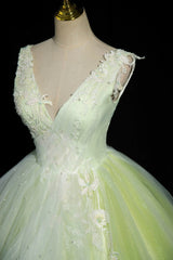 Bridesmaids Dresses Lavender, Charming Tulle Lace Green Prom Dresses, V-Neck Sleeveless Floor-Length Formal Evening Dresses