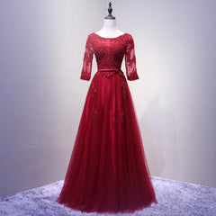 Wedding Dress Simple, Charming Wine Red Short Sleeves Lace Applique Wedding Party Dress, Formal Gown