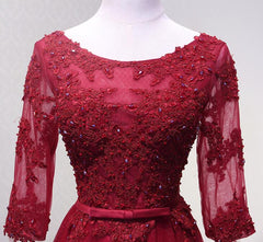 Wedding Dresses Mermaid, Charming Wine Red Short Sleeves Lace Applique Wedding Party Dress, Formal Gown