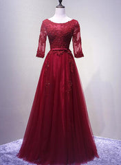 Wedding Dresses Simple, Charming Wine Red Short Sleeves Lace Applique Wedding Party Dress, Formal Gown