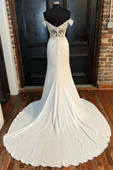 Wedding Dress Designers, White Lace Off-the-Shoulder Mermaid Long Wedding Gown