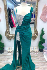 Formal Dress For Weddings Guest, Chic Asymmetrical Fuchsia Beaded Long Prom Dress,Green Dinner Dresses